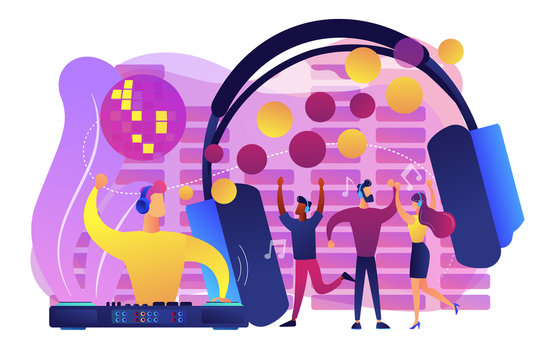Young people dancing in night club, listening to music, DJ concert. Silent disco, headphones party, quiet rave party, silent disco equipment concept. Bright vibrant violet vector isolated illustration