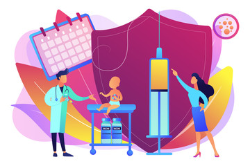 Pediatrics and childcare. Doctor give injection. Infant and child vaccines, newborn vaccination schedule, protection from childhood diseases concept. Bright vibrant violet vector isolated illustration