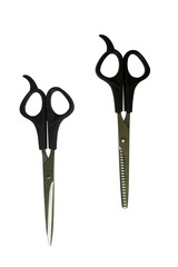 Black professional scissors for cutting regular and thinning. Isolated objects on white background. The working tools of a hairdresser.