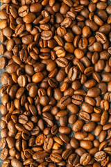 coffee beans (good and bad grain) - arabica and robusta blend (roasted coffee grain). Top view. Copy space
