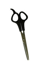 Black professional scissors for cutting. Isolated object on white background. Working tool of a hairdresser.