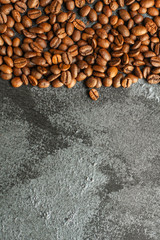 coffee beans (good and bad grain) - arabica and robusta blend (roasted coffee grain). Top view. Copy space