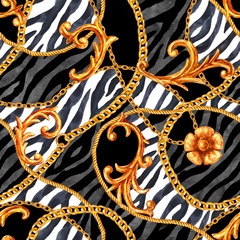 Golden chain glamour baroque style elements seamless pattern background.