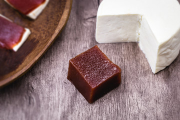 Cheese with guava, a typical Brazilian dessert called romeu and julieta, made at home. Caipiras and Brazilian traditions of Minas Gerais state.