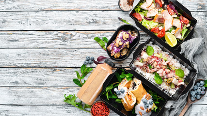 Comfortable food for a day. restaurant dish delivery. Top view. Free space for your text.