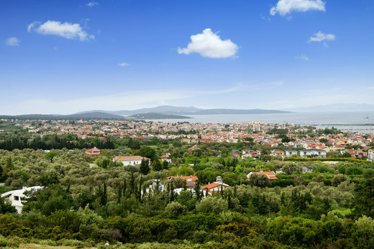 high angle cityscape view of small fishing town Urla in Izmir Turkey