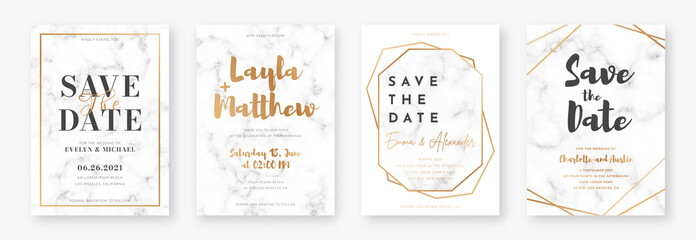 Wedding card design with golden frames and marble texture. Set of wedding announcement or invitation design template with geometric patterns and luxury background
