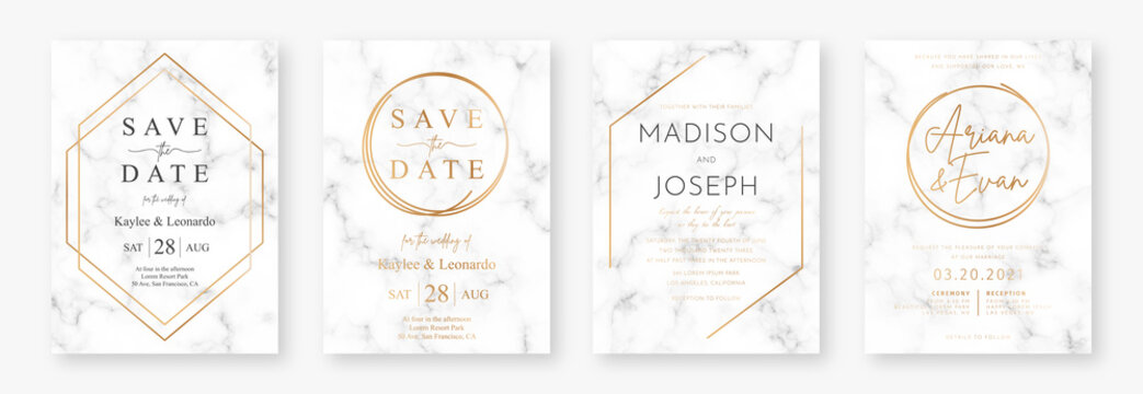 Wedding card design with golden frames and marble texture. Set of wedding announcement or invitation design template with geometric patterns and luxury background