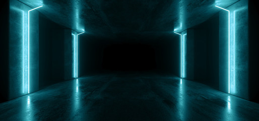 Neon Lights Lines Graphic Glowing Blue Vibrant Virtual Sci Fi Futuristic Tunnel Studio Stage Construction Garage Podium Spaceship Night Dark Concrete Grunge 3D Rendering
