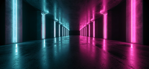 Neon Lights Graphic Glowing Purple Blue Vibrant Virtual Sci Fi Futuristic Tunnel Studio Stage Construction Garage Podium Spaceship Night Dark Concrete Grunge 3D Rendering