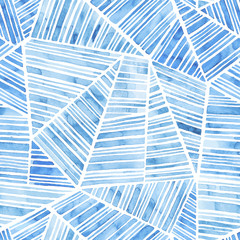 Seamless blue and white watercolor pattern. The ornament of triangles drawn in patchwork style. Handwork. Print for textiles. - obrazy, fototapety, plakaty