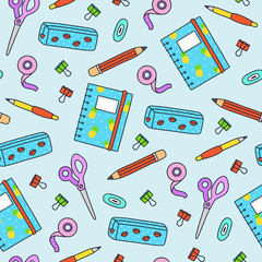 Back to school hand drawn seamless pattern. Flat vector illustration in cartoon style.
