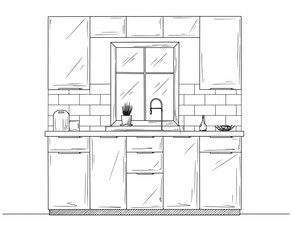 Kitchen interier. Kitchen furniture with a window opposite the sink. Vector