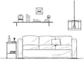 Interior in sketch style. Sofa, bedside table, lamp and shelf with plants.
