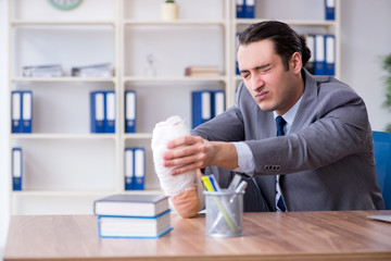 Leg injured male employee in the office 