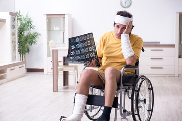 Young man after accident recovering at home 