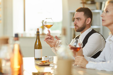Side view portrait of two professional sommeliers evaluating wine during tasting session in sunlight, copy space