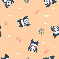 vector seamless pattern cute panda seaman on sea background, kids pattern for clothes