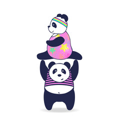 Naklejka premium vector illustration two cute panda acrobats, funny animals play sports, cartoon design