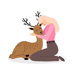 Girl with deer animal. Cartoon pretty woman with beautiful baby deer vector illustration. Girl and cute animal, cartoon deer baby