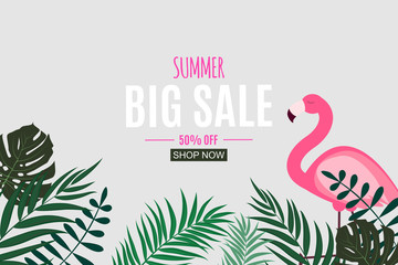 Fototapeta na wymiar Abstract Summer Sale Background with Palm Leaves and Flamingo. Vector Illustration