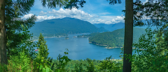 Panoramic of Burrard Inlet from Burnaby Mountain with views to Deep Cove and up to Indian jArm