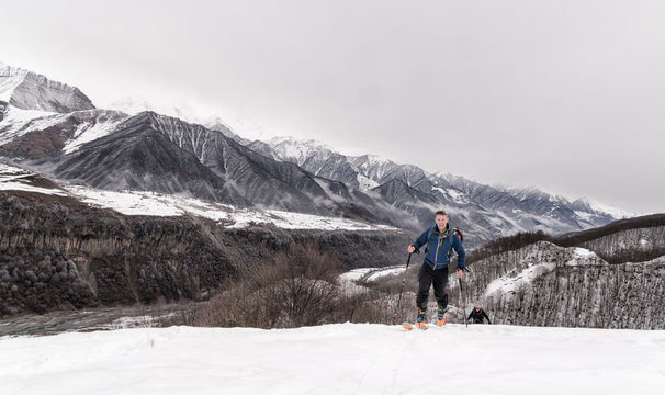 Georgia, Caucasus, Gudauri, man on a ski tour to Lomisi Monastery