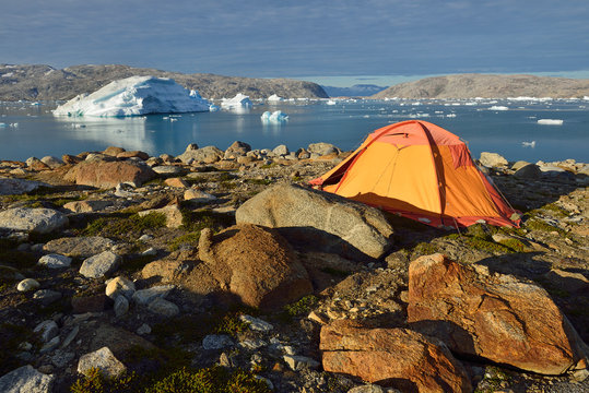 Greenland, East Greenland, Sermilik Fjord, Johan Petersens Fjord, tent