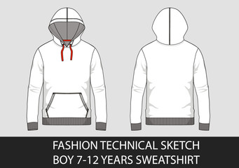 Fashion technical sketch for boy 7-12 years sweatshirt with hood
