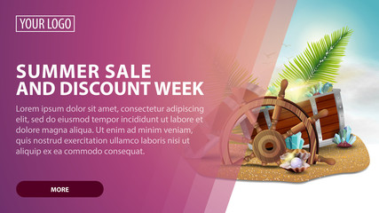 Summer sale and discount week, creative pink discount web banner for your arts with treasure chest, ship steering wheel, palm leaves, gems and pearls