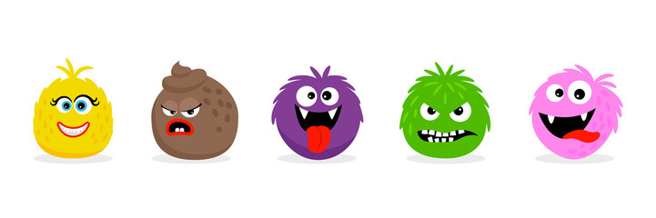 Monster faces emoticons. Vector cartoon funny angry and smile cartoon emojis. Illustration of angry monster face, emoji character smile