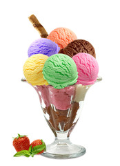 Mint, strawberry and chocolate ice cream with wafer stick in sundae dish, cup or glass isolated on white background. Including clipping path.
