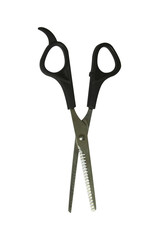 Black professional scissors for cutting. Isolated object on white background. Working tool of a hairdresser.