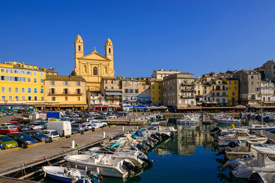 France, Corsica, Bastia, old harbor with St. John Baptist church