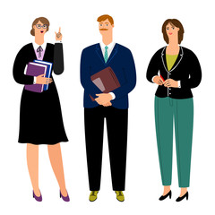 Colleagues man and woman speak about work. Vector businessman and woman manager illustration