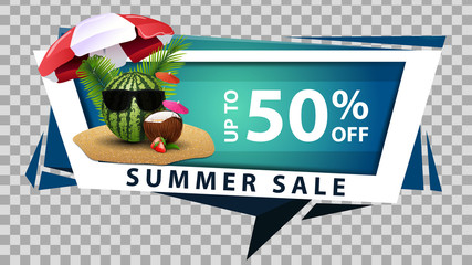 Summer sale, discount web banner in geometric style with watermelon in glasses under a beach umbrella