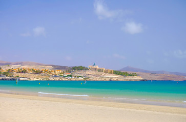 Beach Costa Calma on Fuerteventura with resorts, Canary Islands.