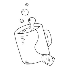 Mug with tea icon. Vector illustration of a mug with a tea bag. Hand drawn mug with splashes.