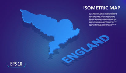 Isometric map of the ENGLAND. Stylized flat map of the country on blue background. Modern isometric 3d location map with place for text or description. 3D concept for infographic. EPS 10