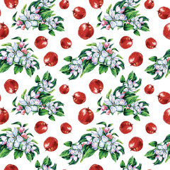 Watercolor seamless pattern branches of the Apple tree, Apple blossom and apples.