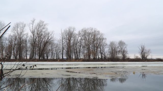 Melting the last ice on the river in early spring on a cloudy day. Flood on the river