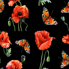 Watercolor seamless pattern of poppies, Botanical illustration.