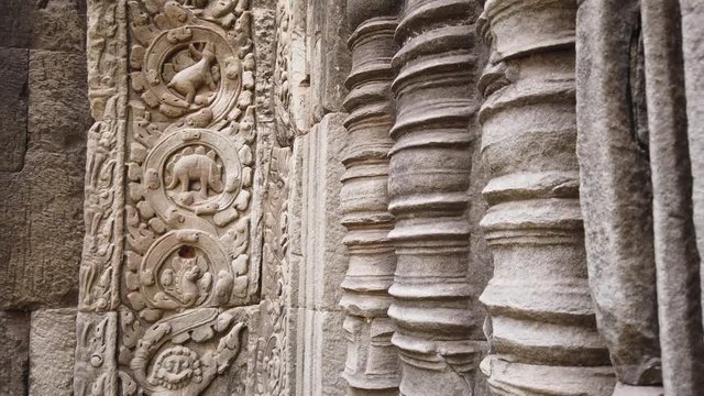 ancient bas-reliefs depicting a dinosaur in the ancient temple of TA Prohm. One of the most famous temples of Angkor, TA Prohm is known for its huge trees and roots growing from 