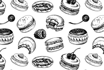 Vector illustration of sketch hand drawn pattern with macarons. French pastry macaron, berries, chocolate, cream, fruits, cherry, strawberry. Dessert, macaroon, sweets, menu design, restaurants, shop