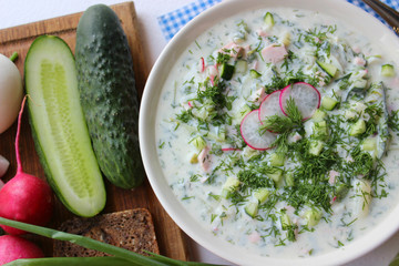 Okroshka is a traditional Russian summer cold soup in a ceramic bowl. Ingredients potatoes, radishes, cucumbers, dill, eggs, kefir yogurt, sausage. Summer yogurt cold soup on a wooden table. Selective