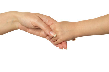 Mother's hands with little girl hands isolated on white background