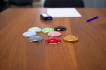 meeting potters. training courses for novice ceramists. reportage. many ceramic probes made of clay, covered with multi-colored glaze