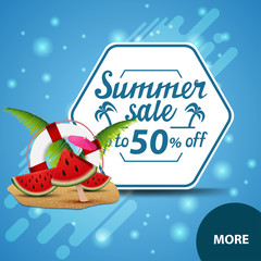 Summer sale, square discount web banner for your website with watermelon slices, palm leaves and lifeline