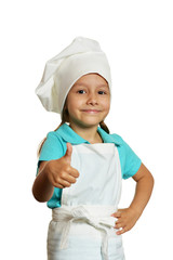 Portrait of little girl wearing chef uniform isolated on white background