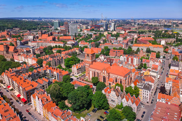 Naklejka premium Aerial view of Gdansk old town in summer scenery, Poland